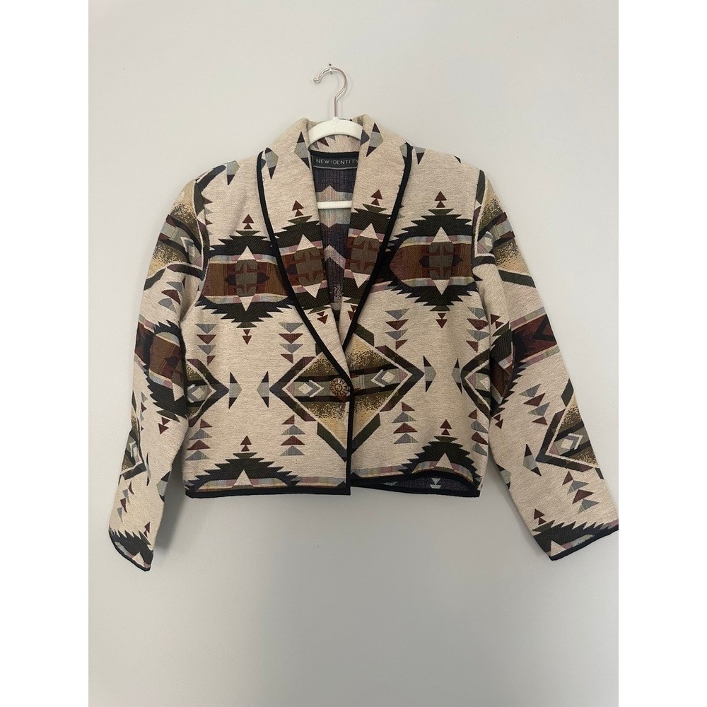 New Identity Womens Southwestern Tapestry Geometric Cropped Blazer Jacket M